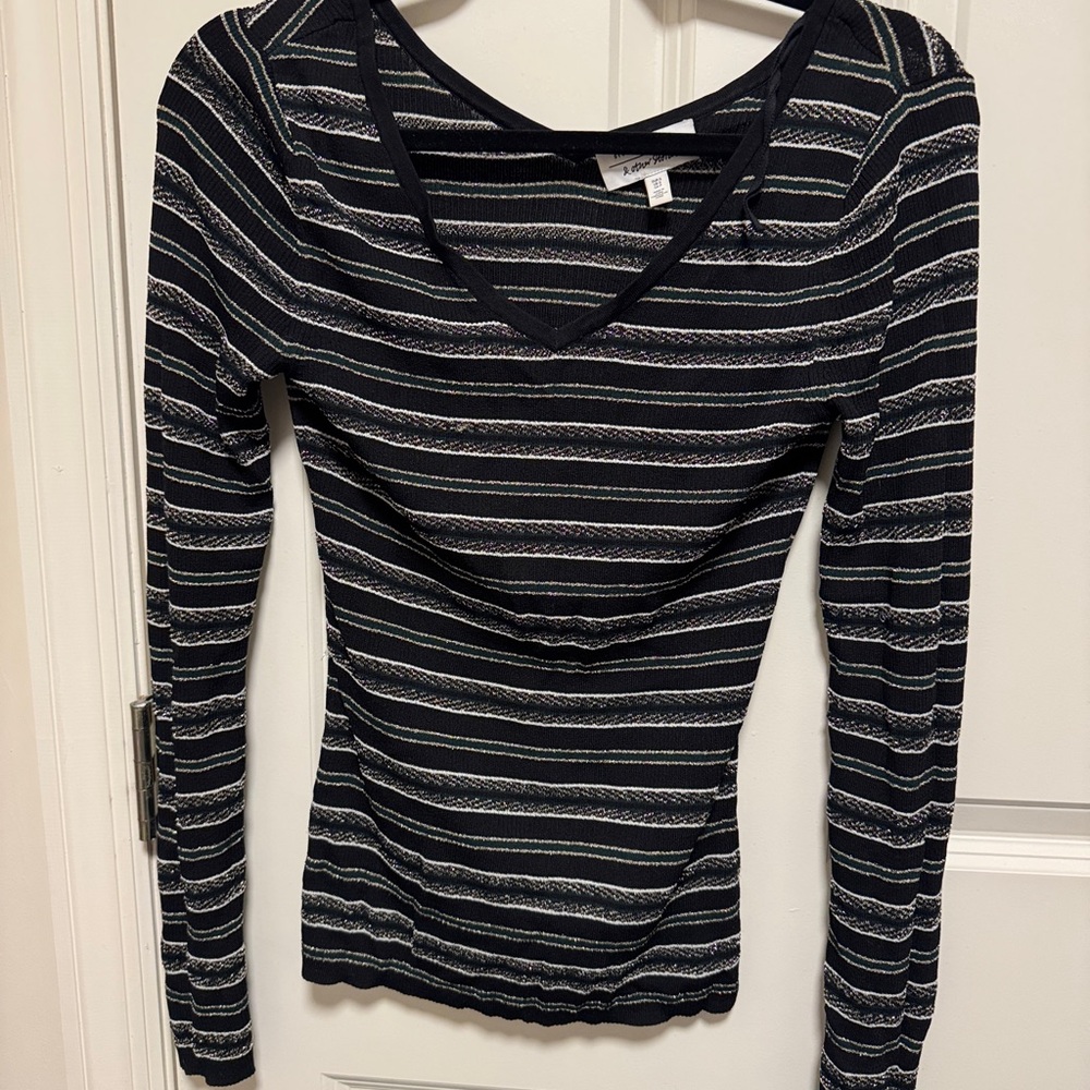 & Other Stories Black and White Striped V-Neck Blouse